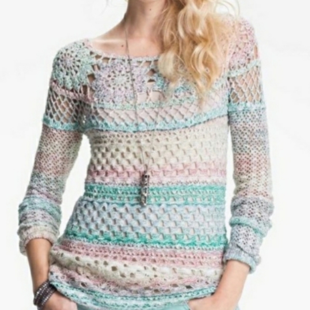 FREE PEOPLE Ring of Roses Pastel Crochet Sweater Teal Blue Cream Pink Size S